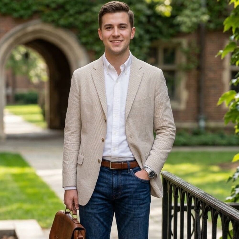 J Crew Seersucker Blazer Mens Size 46 Long Khaki White Striped Cotton Sport Coat